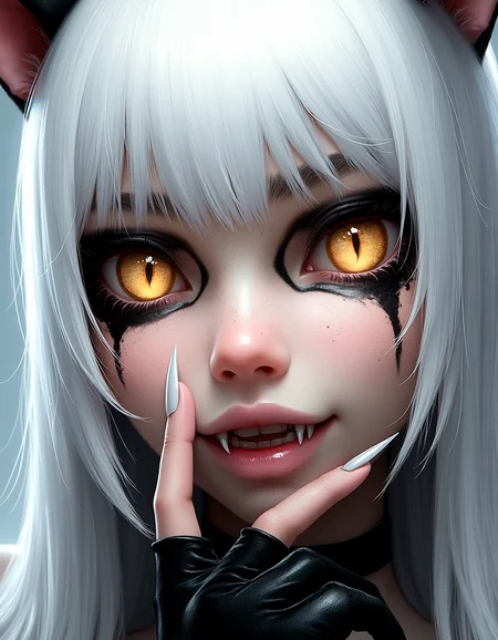An extreme photorealistic upper body shot of a cat girl with mesmerizing golden eyes and slit pupils. She has long, flowing two-tone hair, white and black, framing an almost anime-like face with striking, unrealistic beauty. Her pink lips curve slightly to reveal sharp fangs, and her long fingernails are a key feature of her sleek cat suit.Include tiny imperfections like pores, faint freckles, and slight skin texture variations to add realism.Realistic lip texture with soft lines, slight gloss, and natural color variation.Realistically detailed tear ducts, slightly moist, enhancing the natural appearance of the eyes.Faint, barely visible veins under the eyes, adding depth and authenticity to the skin.Individually rendered eyebrow hairs with natural variation in direction, length, and thickness.Variation in hair strand thickness, with some thinner and finer than others.Detailed texture on the cat suit, showing the weave or material pattern, such as leather, spandex, or velvet.