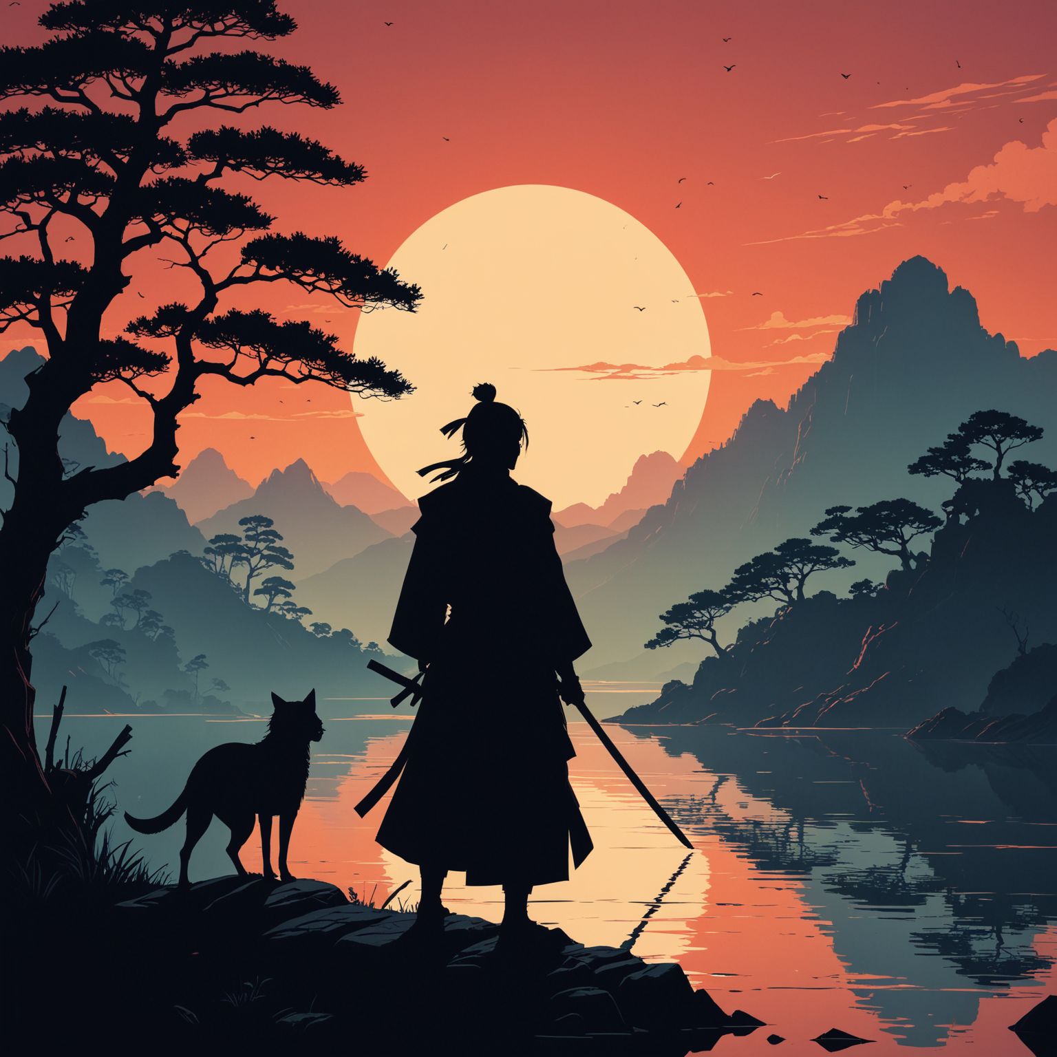 by Miyamoto Musashi and Bess Hamiti in the style of James Gilleard, silhouette <lora:silhouette:2.00>