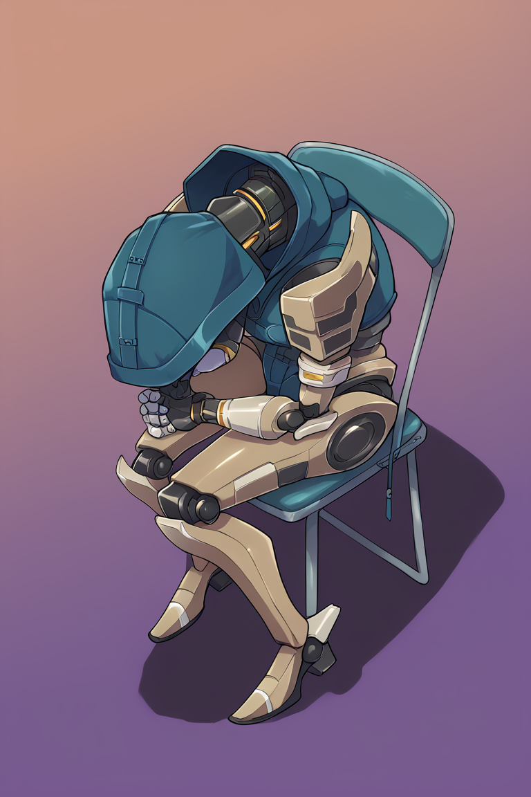 score_9, score_8_up, score_7_up, BREAK,  <lora:adjatha-guy-v1PONY:1>, 1girl, solo,  <lora:concept_shinjichair_ponyXL:1> shinjichair, sitting, head down,  <lora:ashtf-guy-PONYv1:0.95> ashtf, android, robot, hood up, leotard, chair, sitting, shadow, gradient background, purple background, orange background,