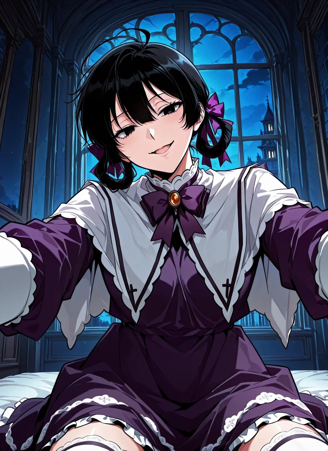 <lora:Asmodeus___Omniscient_Readers_Viewpoint__Illustrious:1>
solo, black hair, black eyes, short hair, twintails, braid twin braids, bangs, ahoge, hair between eyes, hair rings,
purple dress, frilled dress, bow, hair bow, long sleeves, purple bow, frills, purple bowtie, thigh-high socks, white capelet
score_9, score_8_up, score_7_up, score_6_up, source_anime, rating_explicit, 1girl, solo, alcalose eyes, open mouth, mansion, indoors, looking at viewer, outstretched arms, pov, close-up, (head tilt:1.2), open mouth, sitting, evil smile, night, looking at viewer, <lora:iLLMythG0thicL1nes:1>