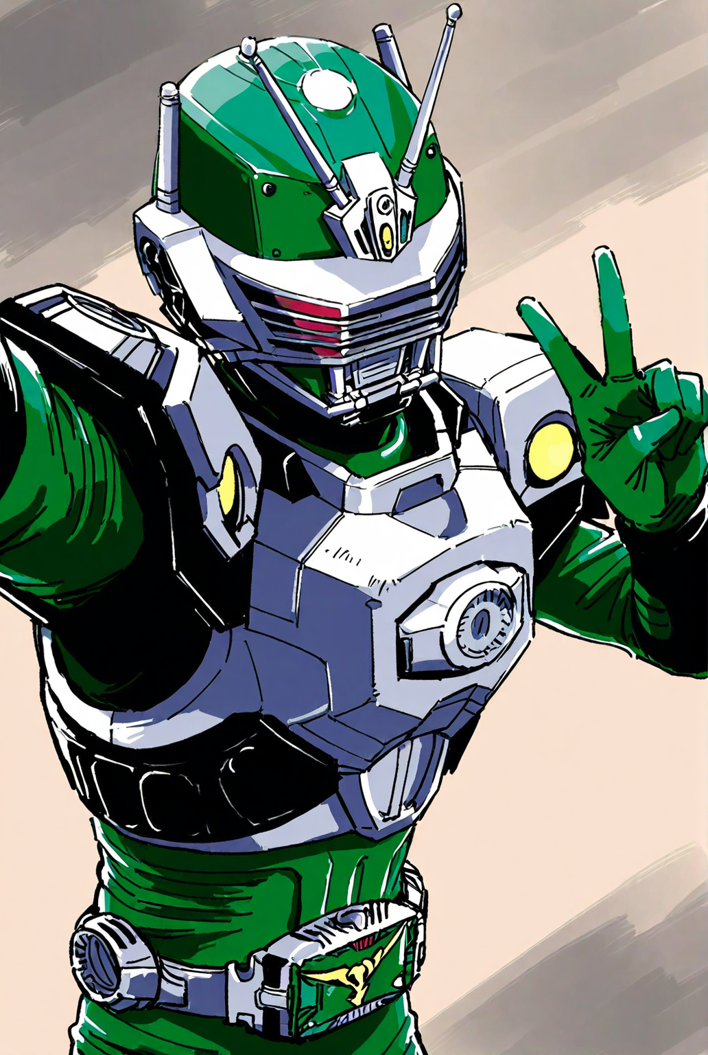 score_9,score_8_up,score_7_up,male focus,ultra-detailed,high resolution,digital painting,8k,1boy,solo,male focus,detailed face,armor,helmet,belt,antennae,bodysuit,green bodysuit,selfie,v,upper body,<lora:add-detail-xl:1>,<lora:Kamen Rider Zolda:0.7>,kamen rider zolda,
