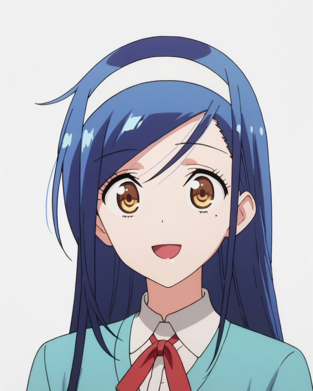 score_9, score_8_up, score_7_up, best quality, masterpiece, anime, anime screencap, anime coloring, looking at viewer, 1girl, solo, upper body, (simple background, solid white background:1.3),  <lora:fumino-bokubenPDXL:0.8>, fumino furuhashi, long hair, cardigan, neck ribbon, white hairband, ribbon, smile, :d, open mouth