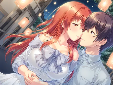 <lora:Sakuramiya_Hiyori_-_Yamizome_Liberator_-_Escude:1>,1girl,1boy,hiyori,casual outfit,outdoors,large breasts,smile,Intimate,(couple in love:1.3) sharing a (soft kiss:1.2) under a (starry sky:1.1),surrounded by (glowing lanterns:1.5),(gentle breeze:1.2),lush garden,(petals falling:1),warm colors,high detail,dreamy atmosphere,soft lighting,romantic art,open mouth,, masterpiece,best quality,amazing quality,