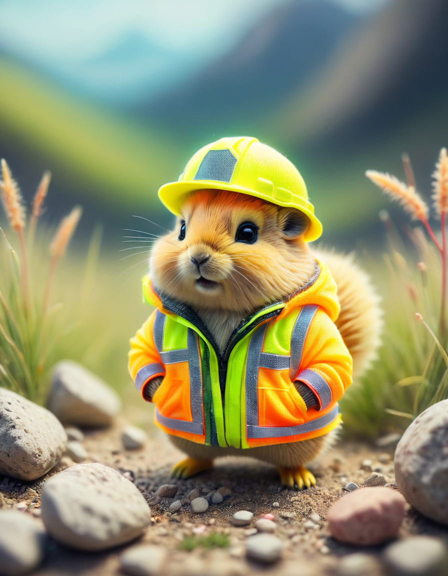 tilt-shift photo of . selective focus, miniature effect, blurred background, highly detailed, vibrant, perspective control, natural Tilt Shot (Whimsically artistic) , adorable extra (fluffy: 1.3) chubby miniature pika wearing an ral-highvis construction hat and jacket, dry grassland, tiny rocks, magical, macro photography, (enchanting:1.3), (luminous:1.2), (oversized flora:1.1), mystical, vibrant photography, shimmering light, dreamy, whimsical, serene, soft-focus, hyper-detailed digital art, <lora:ral-highvis-sdxl:1>
