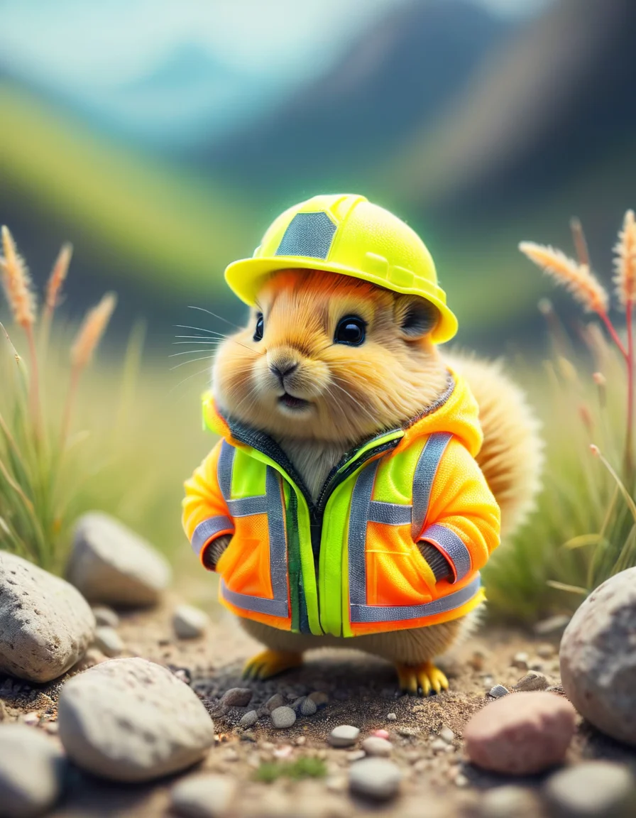 tilt-shift photo of . selective focus, miniature effect, blurred background, highly detailed, vibrant, perspective control, natural Tilt Shot (Whimsically artistic) , adorable extra (fluffy: 1.3) chubby miniature pika wearing an ral-highvis construction hat and jacket, dry grassland, tiny rocks, magical, macro photography, (enchanting:1.3), (luminous:1.2), (oversized flora:1.1), mystical, vibrant photography, shimmering light, dreamy, whimsical, serene, soft-focus, hyper-detailed digital art, <lora:ral-highvis-sdxl:1>