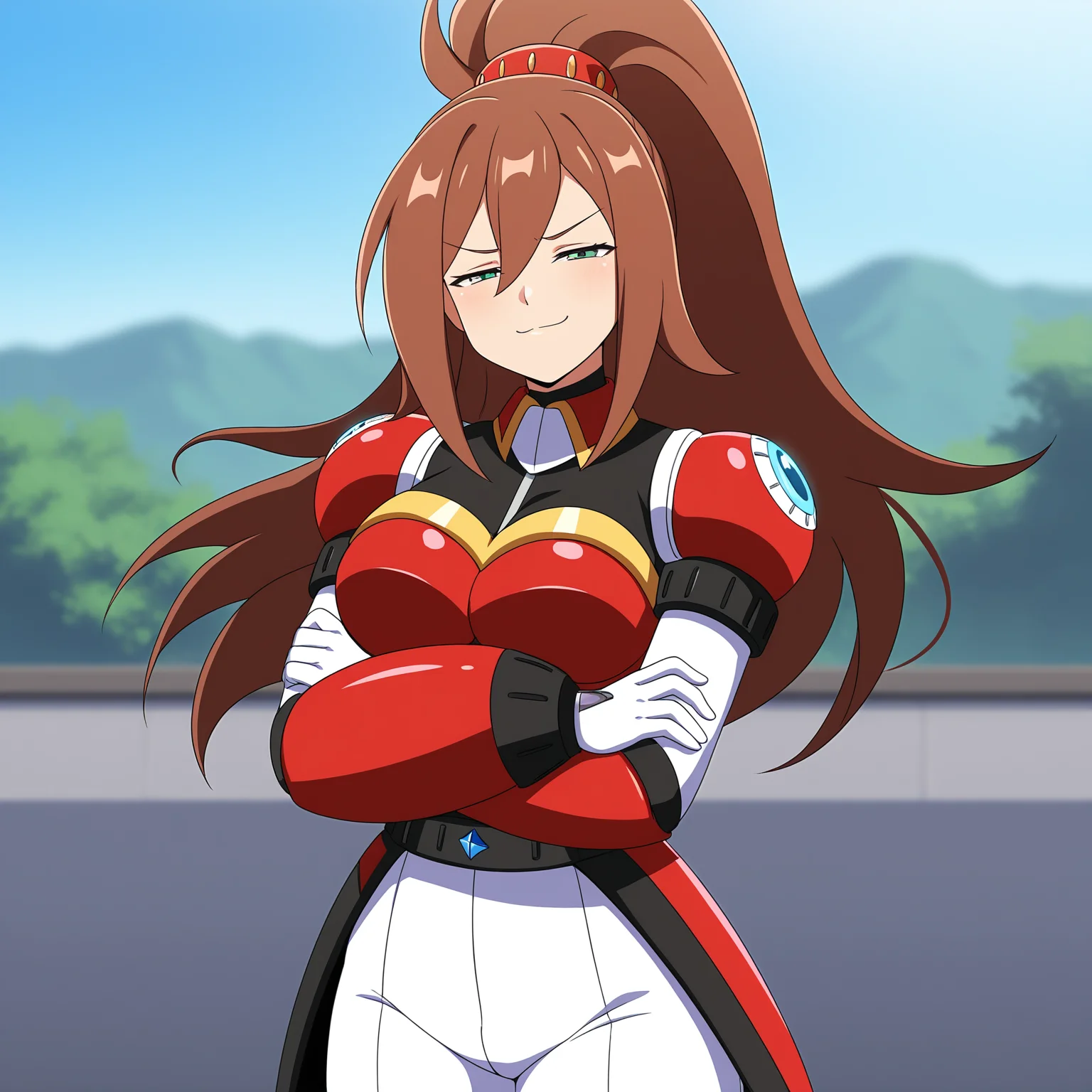 masterpiece, best quality, amazing quality, anime screencap, 1girl, solo, standing, cowboy shot, looking at viewer, crossed arms, closed eyes, smile, smug, <lora:IrisAnotherMMXD:0.9>, IrisAnotherMMXD, brown hair, ponytail, high ponytail, wide ponytail, hair ornament, green eyes, red armor, mecha musume, armor, white inner bodysuit, white pants, pauldrons, red gauntlets, white gloves, leg armor,