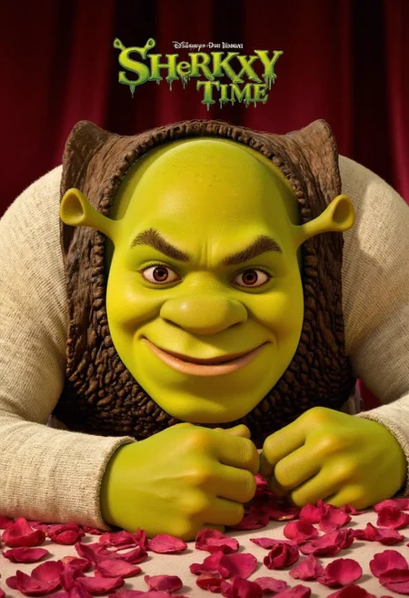 Shrek,on a bed filled with rose petals. smiling impishly looking at viewer. Laying down seductively. Text in dark green slimey font "Shrekxy Time" . Rendered in the highest detail.