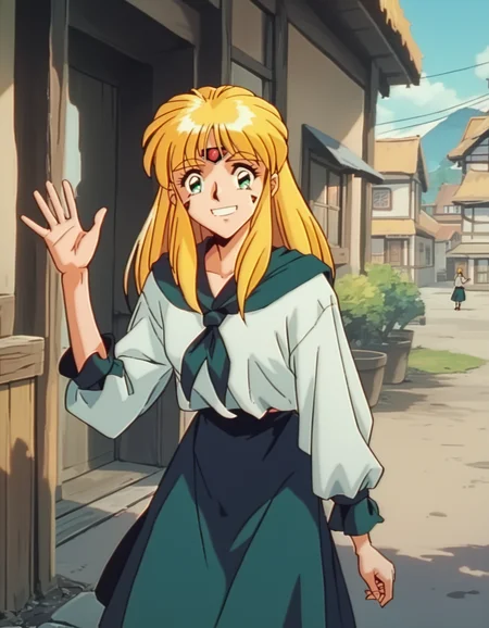 score_9,  score_8_up, score_7_up, source_anime, <lora:karisu-ponyxl:1> karisu, facial mark, forehead jewel, neckerchief, long sleeves, skirt,
1girl, solo, village,  smile, waving