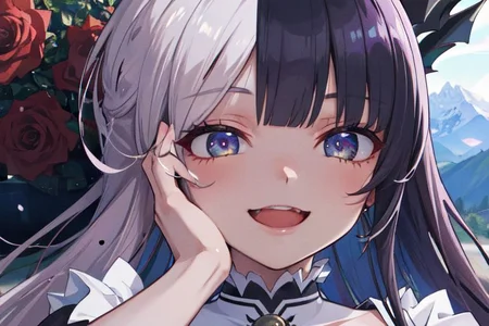 (masterpiece:1.4), 4K8K, (anime style), (high shutterspeed:1.4), (sharp edges),
SyFyEye1,
1woman hands togather, leaning foward, face focus, smile,
wearing Celtic style dress, (Detailed face, Detailed eyes),
any colored roses, Alps in the background,