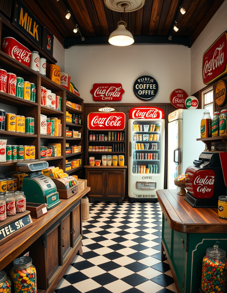 A vintage 1950s grocery store filled with nostalgic details. Wooden shelves neatly stocked with classic canned goods, glass soda bottles, and colorful retro packaging. An old-fashioned cash register sits on the wooden counter, next to a small scale for weighing produce. The checkered black-and-white tile floor adds to the mid-century charm, while hand-painted signs on the walls advertise milk, bread, and coffee in bold, retro fonts. A display of penny candy in glass jars sits near the entrance, and a vintage Coca-Cola refrigerator hums in the background. Soft, warm lighting casts a nostalgic glow over the scene, enhancing the rich textures of wood, glass, and metal, capturing the essence of a bygone era.
<lora:SDXLFaeTastic2400:0.4> <lora:extremely_detailed:0.4> extremely detailed
 <lora:1950s_grocery_st0r3:1>,1950s grocery st0r3, Masterpiece,best quality,hi res,8k,hi res,8k,award winning,(sharp focus, intricate, highly detailed),