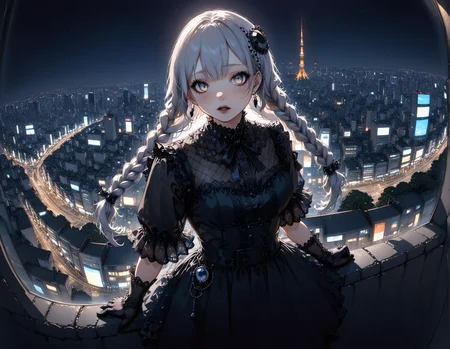 tokyo_street_fashion_xl, goth, bangs, parted lips, twin braids, black dress, frills, jewelry, obsidian hair ornament, parted lips, long hair, looking at viewer, solo, standing, silver hair, freckles, fishnet pantyhose, gloves, lace trim, frills, white eyes, modeling,
overlooking the Tokyo skyline at night, (bokeh, depth of field, fisheye effect, double exposure:1.5), blacklighting,
very aesthetic, highres, 4k, 8k, intricate detail, cinematic lighting, amazing quality, amazing shading, detailed Illustration, official artwork, wallpaper, official art,
extremely detailed eyes and face, beautiful detailed eyes,
from side, upper body, leaning,dynamic pose
<lora:aesthetic_anime_v1s:1>
<lora:tokyo_street_fashion_xl_1:1>
<lora:ral-obsdn:1>