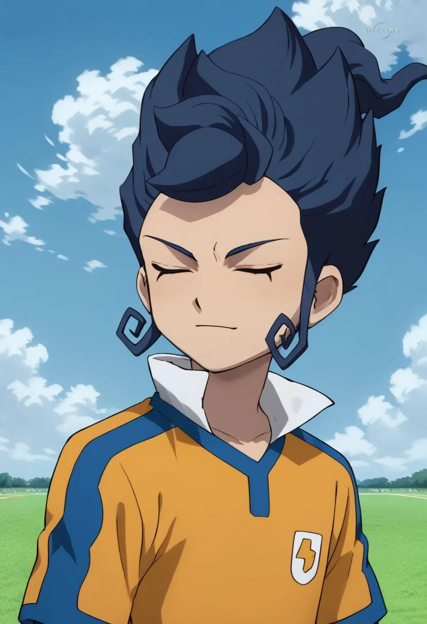 score_9, score_8_up, score_7_up, source_anime, highly detailed, 1boy, solo, male_focus,
raimon, male focus, 1boy, raimon soccer uniform, solo, closed eyes, sportswear,
soccer uniform, blue hair, upper body,
outdoor, grass, sky, clouds,