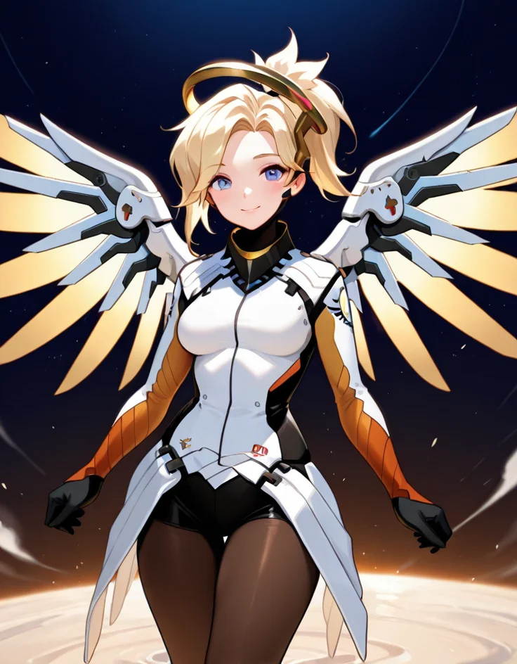 masterpiece, best quality, amazing quality, very aesthetic, absurdres,  newest, detailed background, cowboy shot, 4k, 8k, 
mercyxd, 1girl, halo, wings, blonde hair, mechanical halo, pantyhose, smile, bodysuit, solo, yellow wings, spread wings, ponytail, medium breasts, mechanical wings, gloves, looking at viewer, dynamic pose,
 <lora:Mercy_-_Overwatch_Illustrious:1>