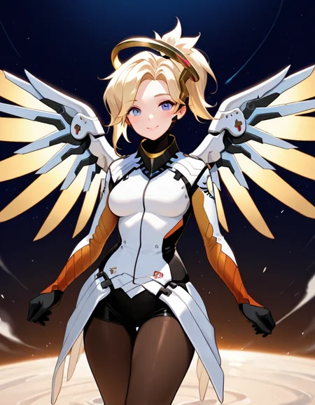 masterpiece, best quality, amazing quality, very aesthetic, absurdres, newest, detailed background, cowboy shot, 4k, 8k,
mercyxd, 1girl, halo, wings, blonde hair, mechanical halo, pantyhose, smile, bodysuit, solo, yellow wings, spread wings, ponytail, medium breasts, mechanical wings, gloves, looking at viewer, dynamic pose,
<lora:Mercy_-_Overwatch_Illustrious:1>