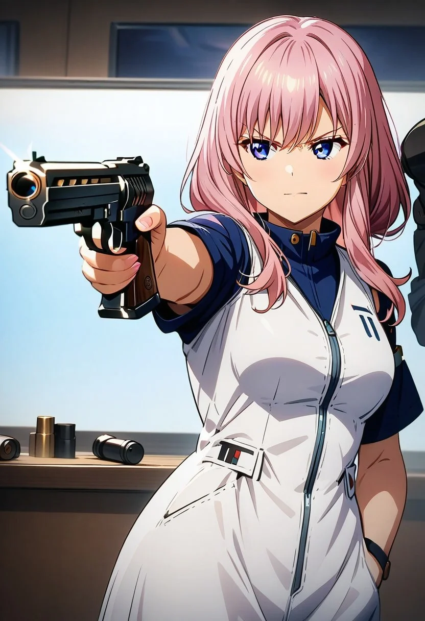 masterpiece, best quality, anime girl, Turkish Killer Pose, Look at the gun, Aiming,