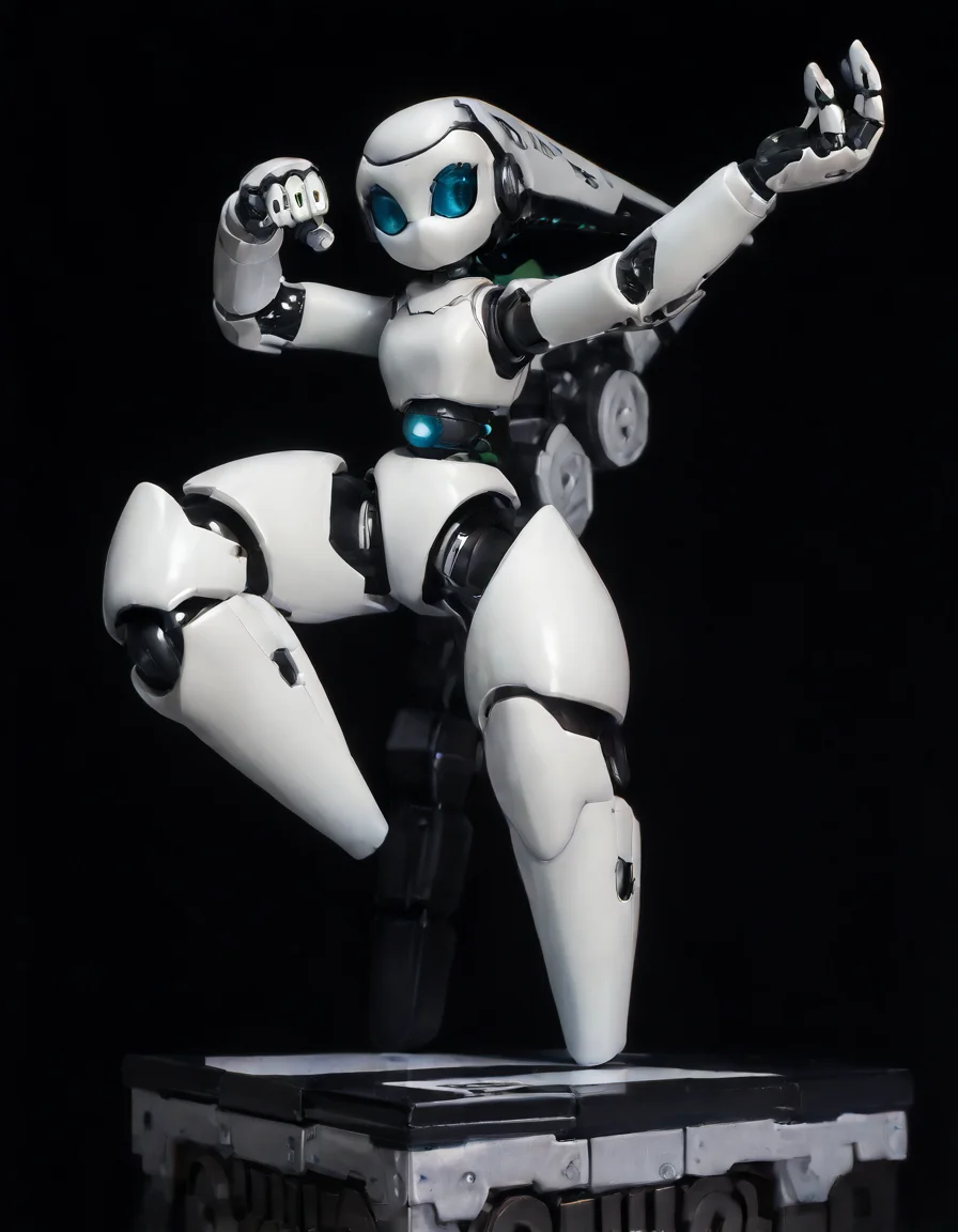 score_9, score_8_up, score_7_up, score_6_up, score_5_up, score_4_up, source_anime,  drosselvonflugel, solo, looking at viewer, simple background, standing, full body, looking to the side, hands up, glowing, leg up, standing on one leg, black background, floating, machinery, paw pose, mechanical parts, radio antenna