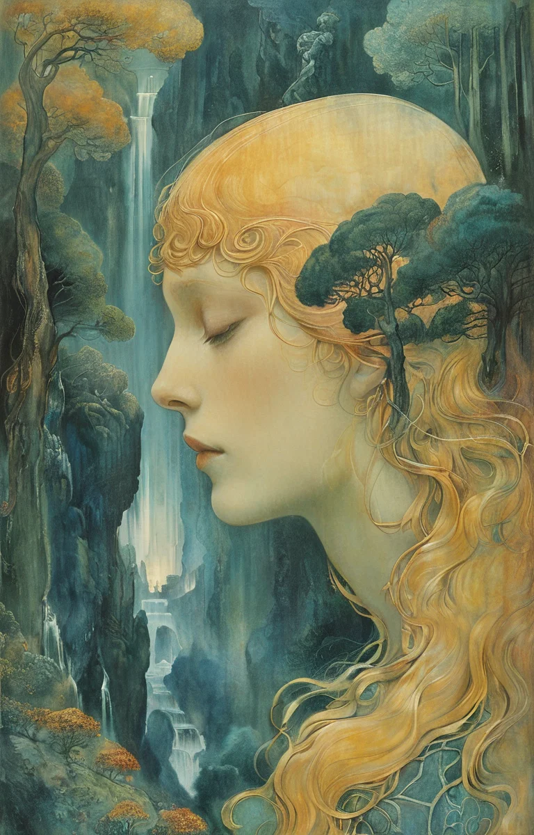 masterpiece,best quality,<lora:tbh140-sdxl:0.7>,landscape,illustration,style of Jean Delville,symbolism,colorful,