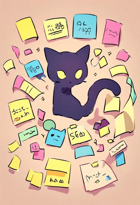 SK3, simple sketch, sharp shadows, a cute cat covered with sticky notes, Jed-StickyN, cute, kawaii