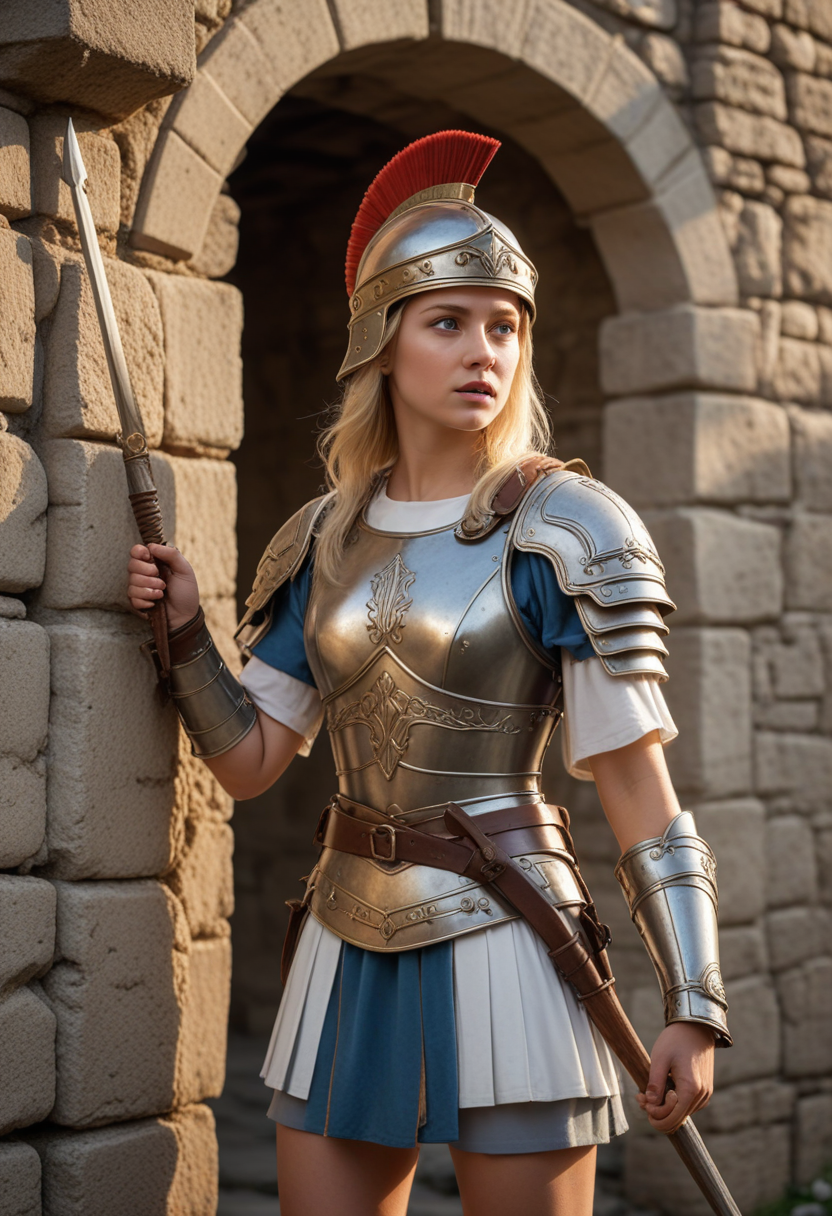 (medium full shot) of (angelic roman soldier) young woman, straight blonde hair, blue eyes, light skin, tiny build,   praetorian, wearing Bronze helmet with cheek guards, muscle cuirass, white tunic, leather bracers, iron greaves, leather sandals, holding spatha with jeweled hilt , set in ancient roman empire era,  Fortified Wall, stone structure with battlements, archers in position, a gatehouse with heavy doors, guards patrolling , at sunset, surprised, open mouth, pointing her finger at the viewer, Masterpiece,best quality, photorealistic, amazing quality, very aesthetic, extremely detailed face,