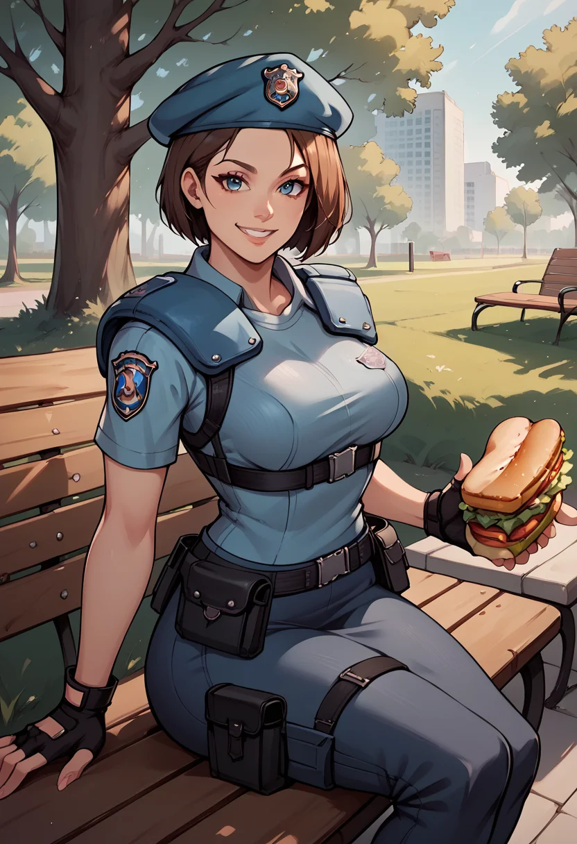 score_9, score_8_up, score_7_up, score_6_up, source_anime, BREAK masterpiece, <lora:REJill:1>, JillSTARS, brown hair, bob cut, short hair,beret, shoulder holster, police uniform, fingerless gloves, sitting, bench, breasts, smile, looking at viewer, sandwich, holding sandwich, park, tree