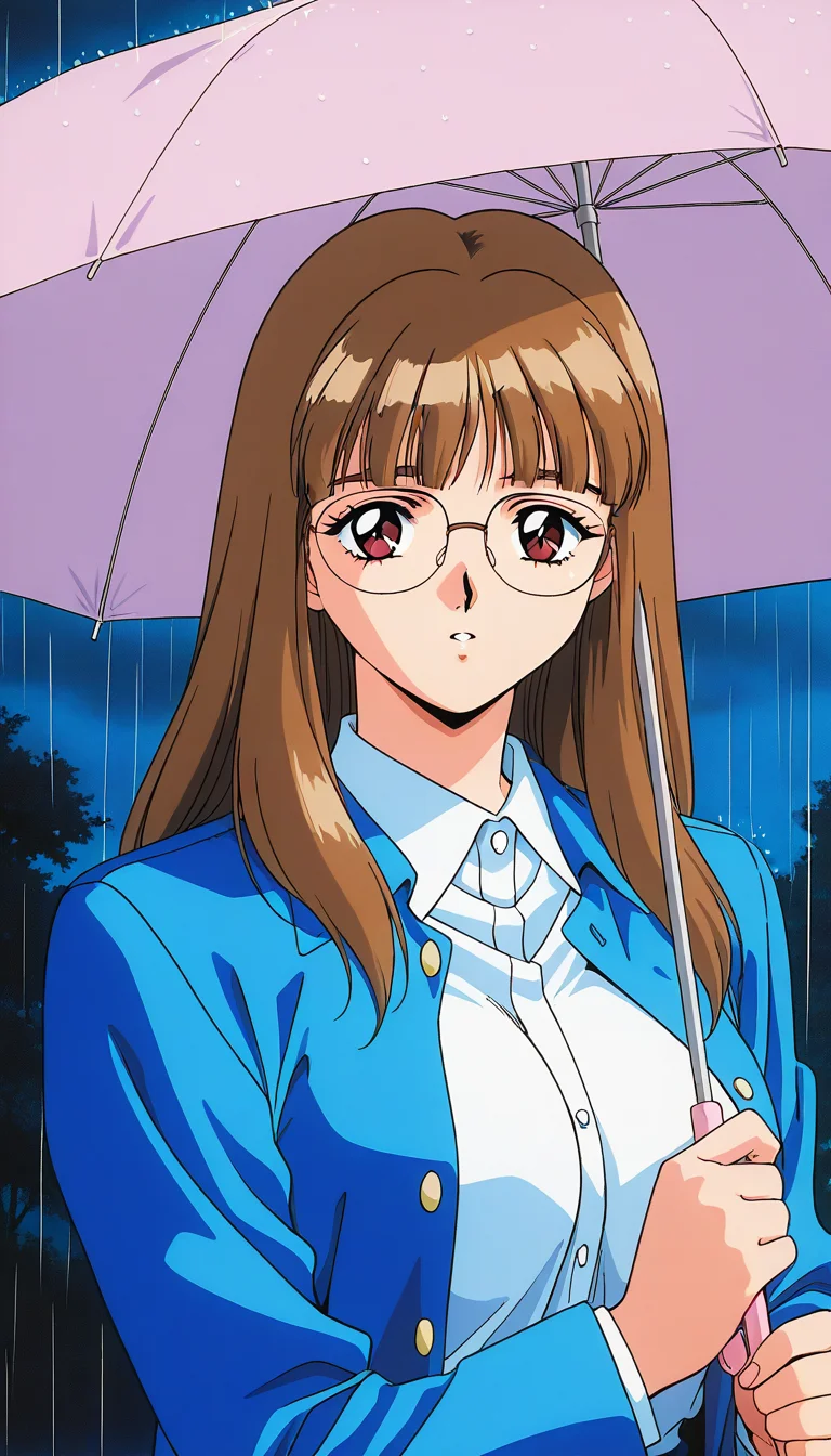 masterpiece, best quality, good quality, <lora:Iijima_Sensei_IS:1> Iijima_Sensei, 1girl,solo, brown hair, glasses, long hair, brown eyes,blunt bangs, large breasts, 1990s \(style\),anime coloring, 
looking at viewer, upper body, shirt, long sleeves, blue jacket, collared shirt, white shirt, umbrella,
night, day, rain,