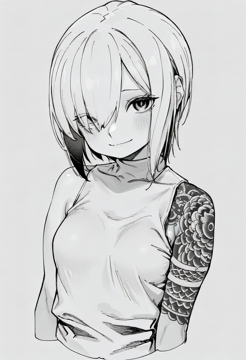 monochrome 8K,masterpiece,best quality,amazing quality,very aesthetic
hatching_/(texture/) sharp lines
1girl arm_tattoo bare_shoulders breasts cropped_torso greyscale hair_over_one_eye looking_at_viewer monochrome shirt short_hair simple_background sleeveless sleeveless_shirt small_breasts smile solo tattoo upper_body untsuku