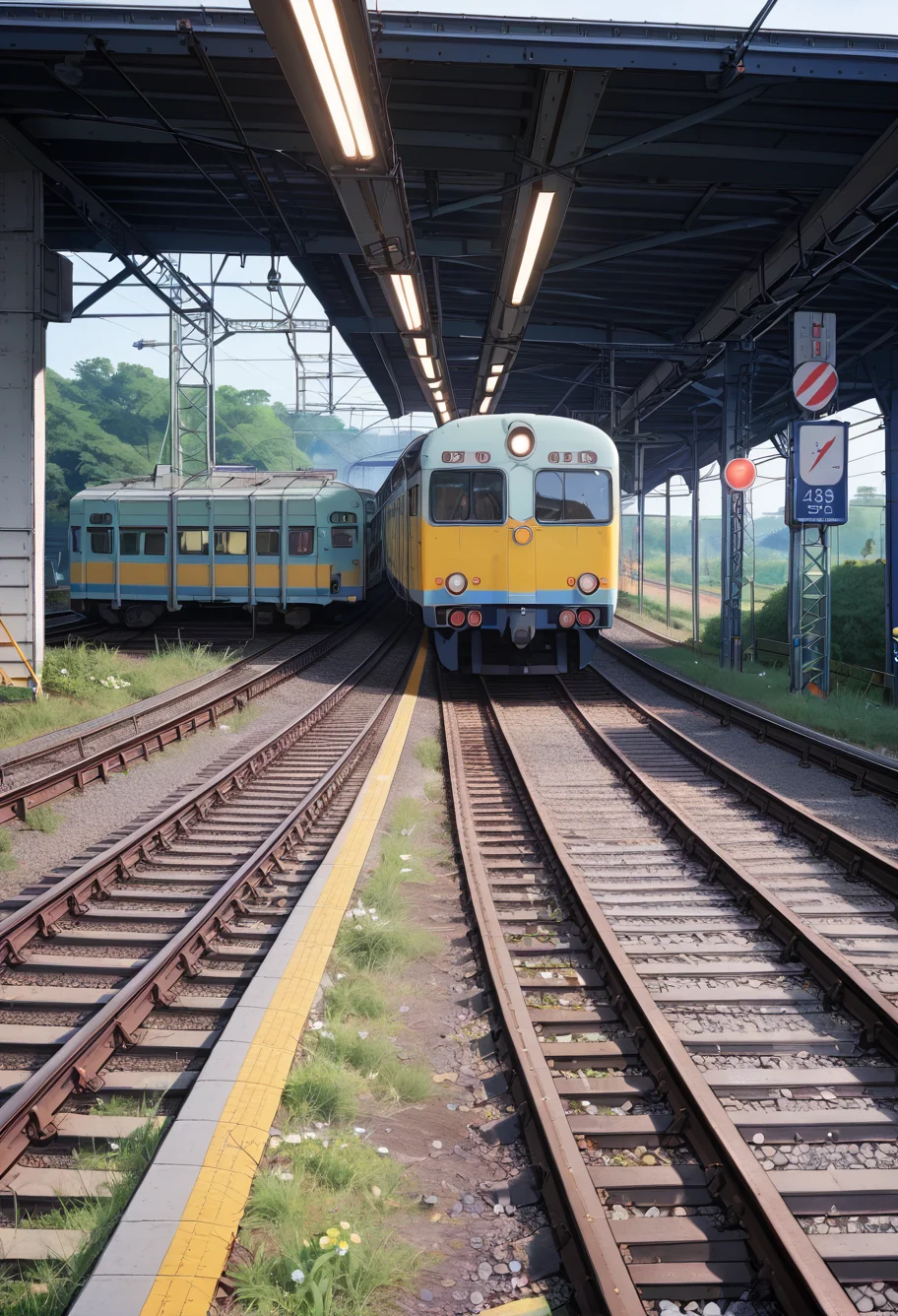 ,ruanyi0802,railroad tracks,train station,<lora:802 Sakura Train Station_v1_pony:1>, score_9,score_8_up,score_7_up,,8k,1girl,solo,,