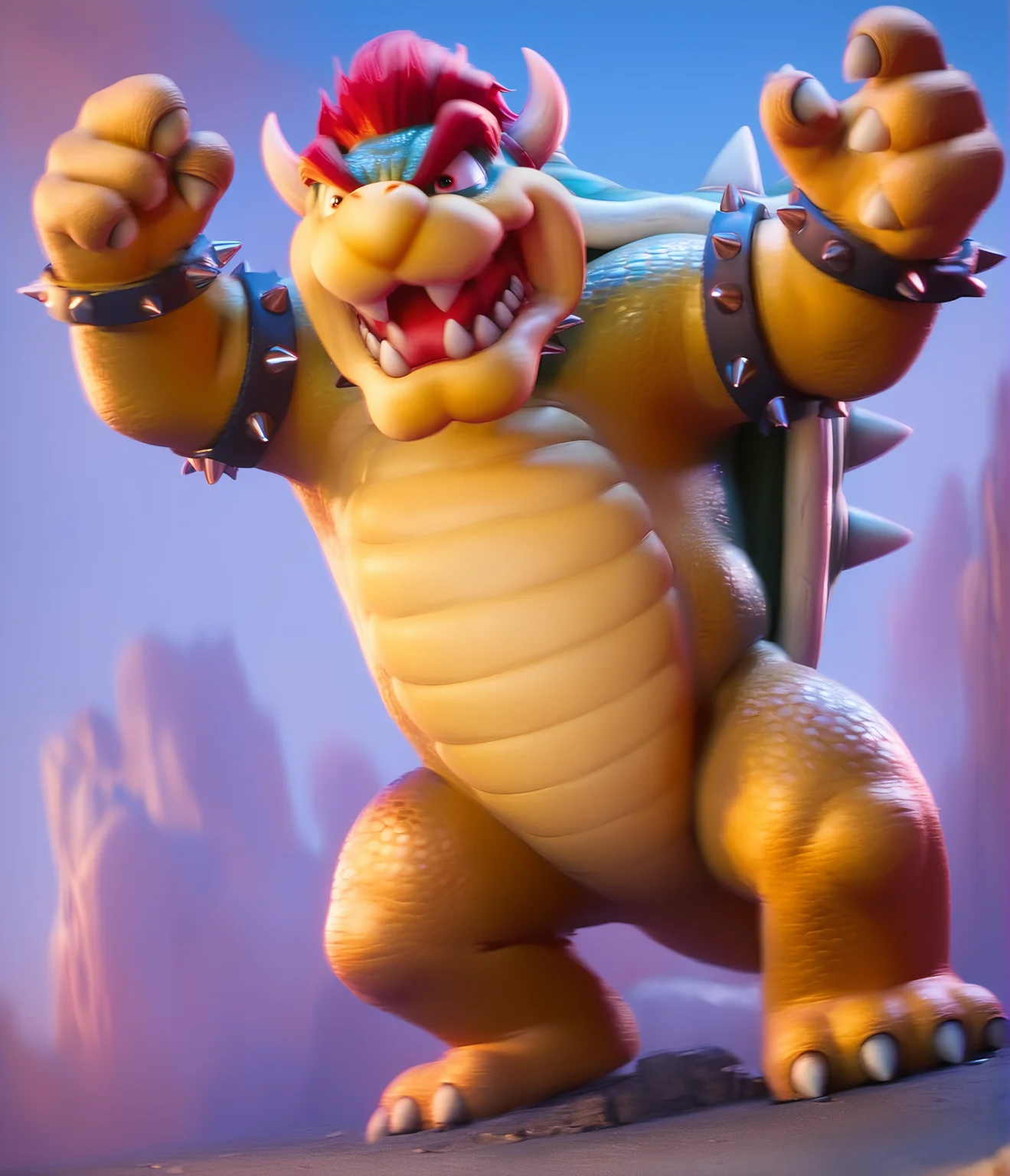 score_9, score_8_up, score_7_up, score_6_up, score_5_up, score_4_up, source_furry, max detail, 4k wallpaper, masterpiece, best quality, absurdres, highres, dynamic angle, dynamic pose, standing, full body, smile, full body, 4 fingers, 3 toes, furious, roaring, <lora:Bowser_-_Super_Mario_Bros._Film3:1> bowser, spikes, horns, spiked shell, spiked armlet, bracelet, jewelry, teeth, spiked bracelet, tail, red hair, sharp teeth