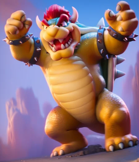 score_9, score_8_up, score_7_up, score_6_up, score_5_up, score_4_up, source_furry, max detail, 4k wallpaper, masterpiece, best quality, absurdres, highres, dynamic angle, dynamic pose, standing, full body, smile, full body, 4 fingers, 3 toes, furious, roaring, <lora:Bowser_-_Super_Mario_Bros._Film3:1> bowser, spikes, horns, spiked shell, spiked armlet, bracelet, jewelry, teeth, spiked bracelet, tail, red hair, sharp teeth