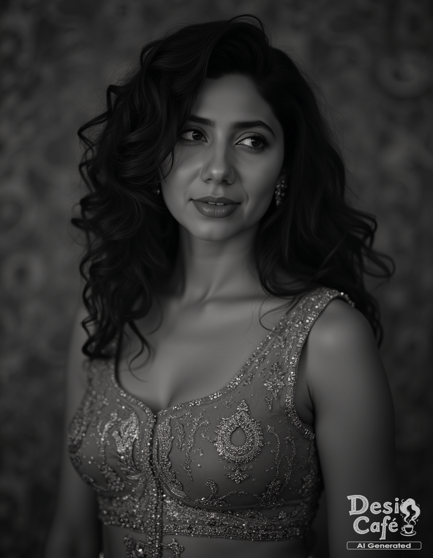 vintage still from black and white noir film photo of  mahira khan woman, hyper realistic photo that is safe for work, shy smile, studio quality image, well dressed wearing intricate sleevelessGhagra Choli, hair styled as curls,muted shaded wallpaper background that contrasts with the person, cinematic lighting,âââââ  <lora:Mahira_Khan_Flux_Kohya_V1:1>âââ
