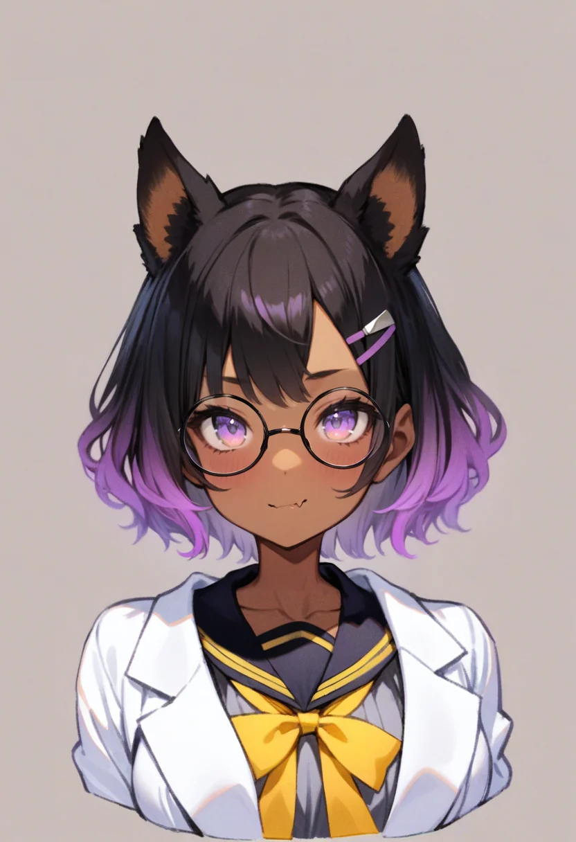 masterpiece, best quality, <lora:RECXL_ANI31_lokr_V43P1NF:0.95>  1girl, solo, animal ears, purple eyes, glasses, hair ornament, dark skin, fang, multicolored hair, dark-skinned female, dog ears, purple hair, upper body, white background, short hair, school uniform, sailor collar, round eyewear, looking at viewer, hairclip, lab coat, bow, serafuku, collarbone, yellow bow, shirt, skin fang, black hair, closed mouth, gradient hair, fang out, cropped torso, long sleeves, simple background, yellow bowtie, black sailor collar, virtual youtuber, hand up, bowtie, white jacket, jacket, white coat