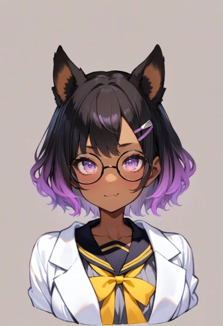 masterpiece, best quality, <lora:RECXL_ANI31_lokr_V43P1NF:0.95> 1girl, solo, animal ears, purple eyes, glasses, hair ornament, dark skin, fang, multicolored hair, dark-skinned female, dog ears, purple hair, upper body, white background, short hair, school uniform, sailor collar, round eyewear, looking at viewer, hairclip, lab coat, bow, serafuku, collarbone, yellow bow, shirt, skin fang, black hair, closed mouth, gradient hair, fang out, cropped torso, long sleeves, simple background, yellow bowtie, black sailor collar, virtual youtuber, hand up, bowtie, white jacket, jacket, white coat