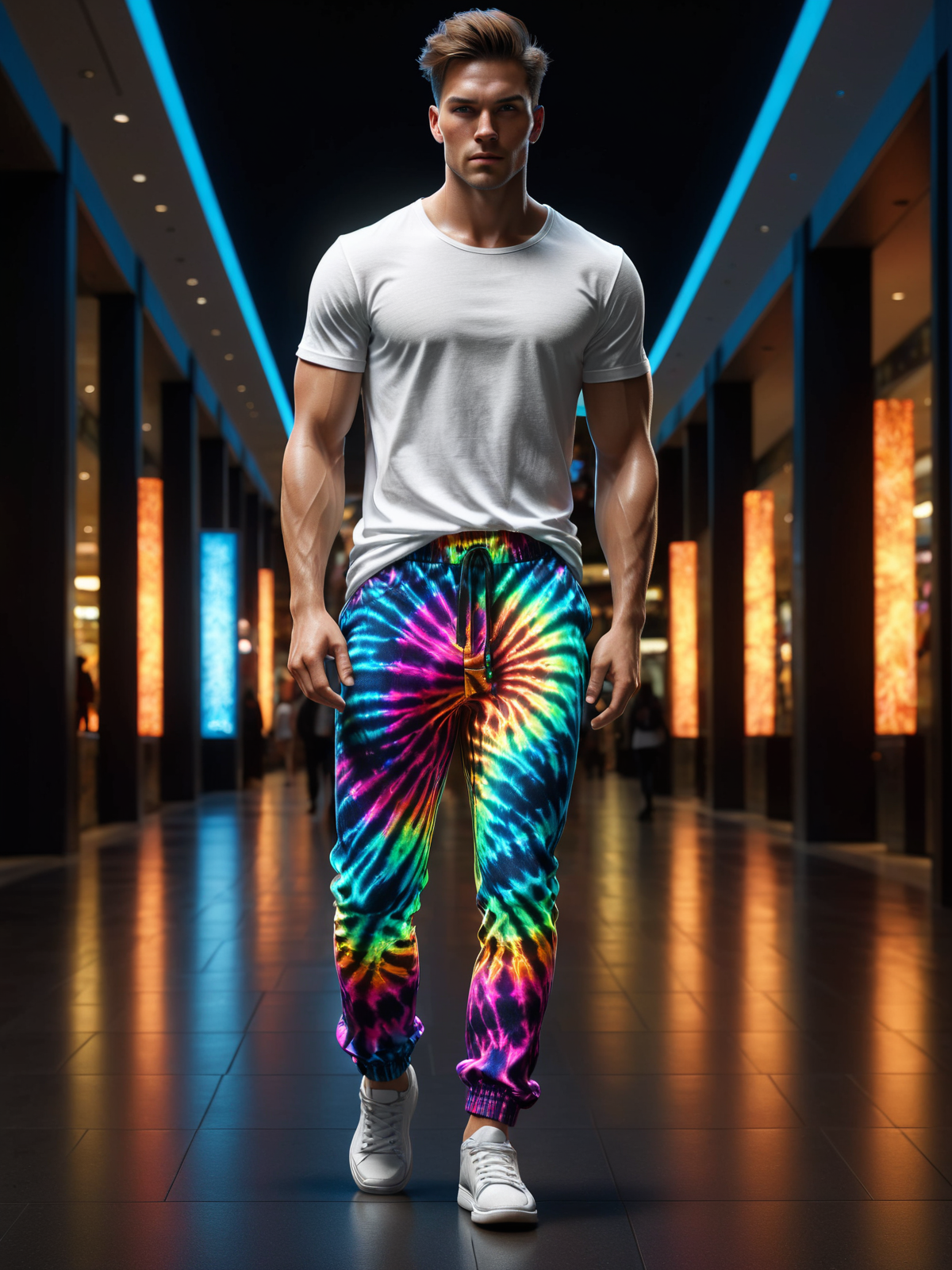 man wearing a glowing mad-glowtiedye pants and white tshirt walking through dark mall, dynamic pose, night, dynamic pose<lora:Glowing_Tiedye_SDXL:0.6>, (masterpiece:1.2), best quality, (hyperdetailed, highest detailed:1.2), high resolution textures