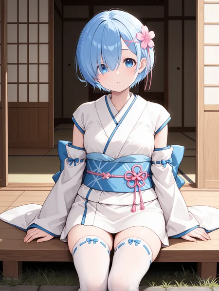 <lora:Rem Illu:1>1girl, solo,
r3m, short hair, blue hair, blue eye, hair over one eye,
r3mpast, japanese clothes, blue sash, obi, ribbon trim, detached sleeves, wide sleeves, white kimono, short kimono, white thighhighs, back bow, single pink ribbon, x hair ornament, hair flower, pink flower
straight-on,
sitting, outdoors, east asian architecture, sliding doors, grass, pathway,
<lora:cfg_scale_boost:0.7>, masterpiece, best quality