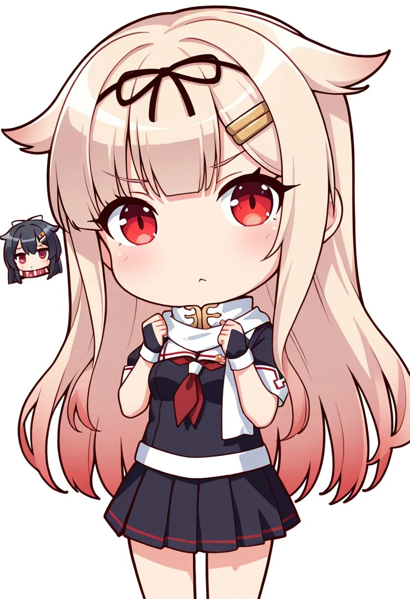 1girl,solo,looking at viewer,simple background,white background,cowboy shot,<lora:lolitirpitz(warship girls r)W-000012:1>,, masterpiece, best quality, very aesthetic, absurdres,newest, incredibly absurdres,
1girl, yuudachikaini, blonde hair, gradient hair, hair flaps, long hair, black hair ribbon, hairclip, red eyes
Yuudachi Kai Ni outfit prompts : black serafuku, fingerless gloves, neckerchief, black pleated skirt, school uniform, scarf91), year 2023,
(((chibi)))