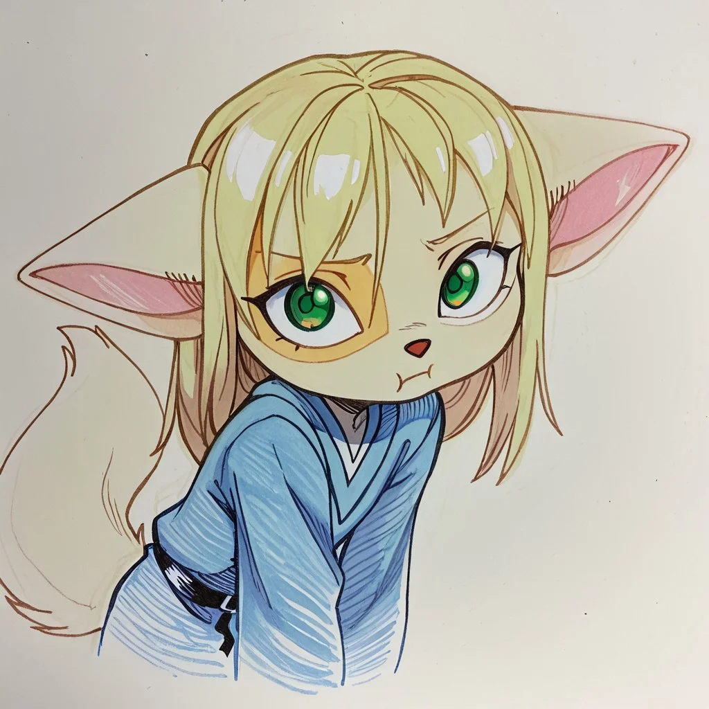 1girl, solo, paige, green eyes ,blonde hair, furry, tail, furry female, animal ears, animal nose,
child, kid,
fern (Sousou no Frieren), close up, looking at viewer, color sketch, pout, traditional media, linear hatching,
