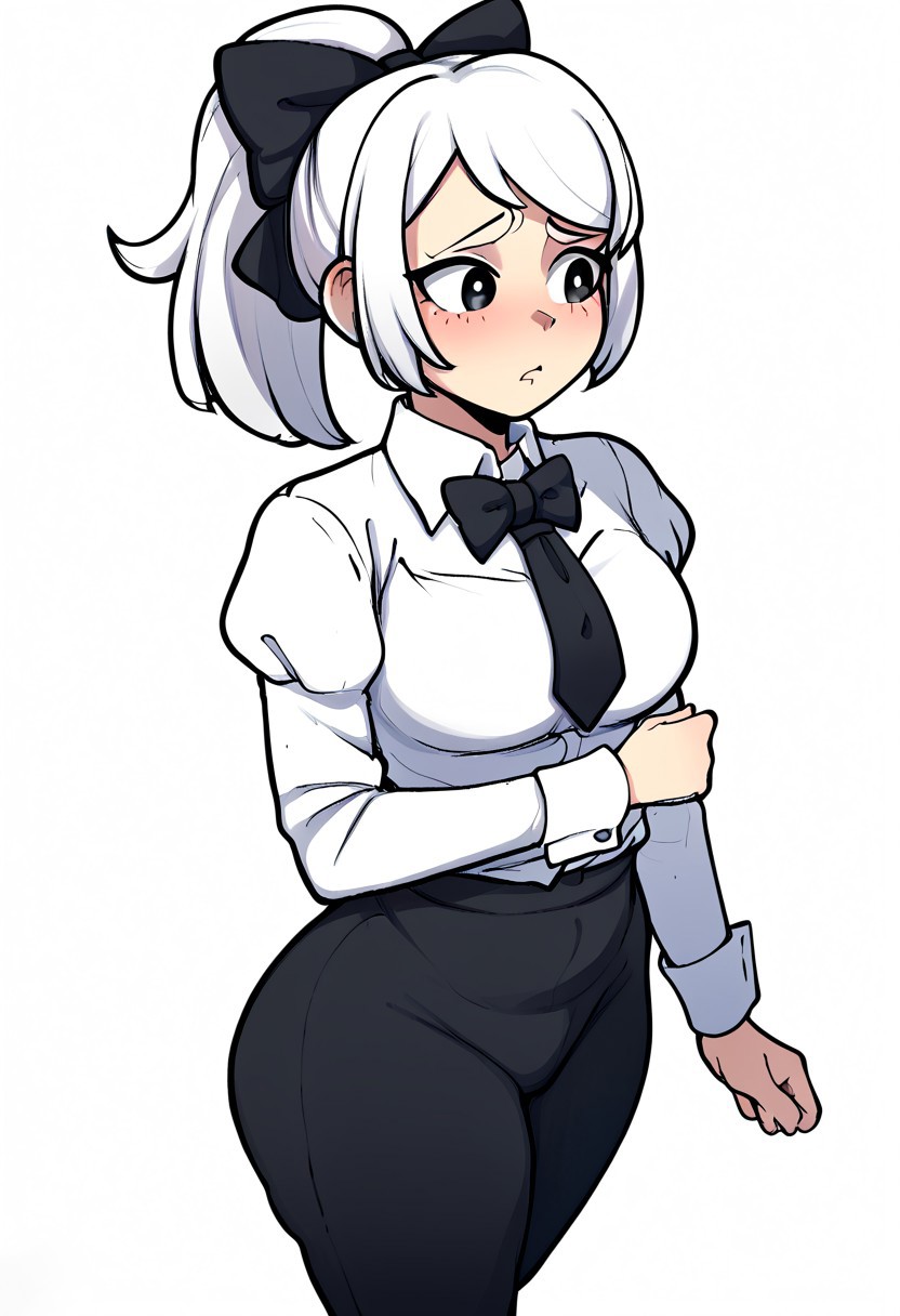 score_9, score_8_up, score_7_up, score_6_up, score_5_up, score_4_up, source_cartoon, <lora:confetti-extract- ponyxl:0.85>, detailed eyes, easynegative, rating_explicit, Expressiveh, 1girl, solo,
Geraldine, shirt, long sleeves, white shirt, white hair, ponytail, sidelocks, thighs, hair bow, collared shirt, pants, puffy sleeves, bowtie, black eyes,  wrist cuffs, black bow, dress shirt, swept bangs, black pants,  high ponytail, juliet sleeves,  black bowtie,  sleeve cuffs, traditional bowtie, necktie, big breasts, blush, shy,