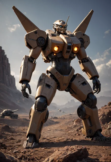 score_9, score_8_up, score_7_up, masterpiece, best quality, ultra-detailed, realistic, mecha, giant robot, powerful mecha suit, futuristic battle, war scene, science fiction, combat ready, dynamic pose, dramatic lighting, high-tech armor, sci-fi setting, enemy approaching, battlefield