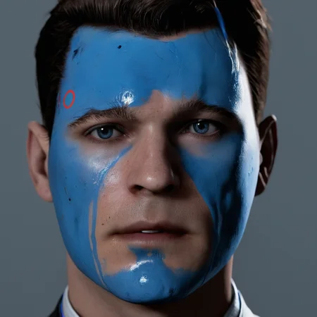 cinematic film still of  <lora:perfection style:0.3> perfection 
 <lora:Unreal Engine style:0.3> Unreal Engine
<lora:Detroit Become Human style:1>
Bryan Patrick Dechart In the year 2038 Connor a man with a blue paint on his face,detective1,solo,simple background,black hair,1boy,male focus,black eyes,blood,black background,portrait,blood on face,realistic , detailed setting, detailed background, CyberLife, cybernetics, dramatic light, cinematic light, cinematic color, cinematic look, filmic, realistic, realism, perfection, perfect, detailed face, detailed body, detailed textures, hyperrealism, photorealism, different pose, different people, detailed hair, detailed ears, detailed teeth, detailed eyes, detailed nose, detailed fingers, detailed hands, detailed lips, different haircut, Quantic Dream style, Detroit Become Human style, shallow depth of field, vignette, highly detailed, high budget, bokeh, cinemascope, moody, epic, gorgeous, film grain, grainy