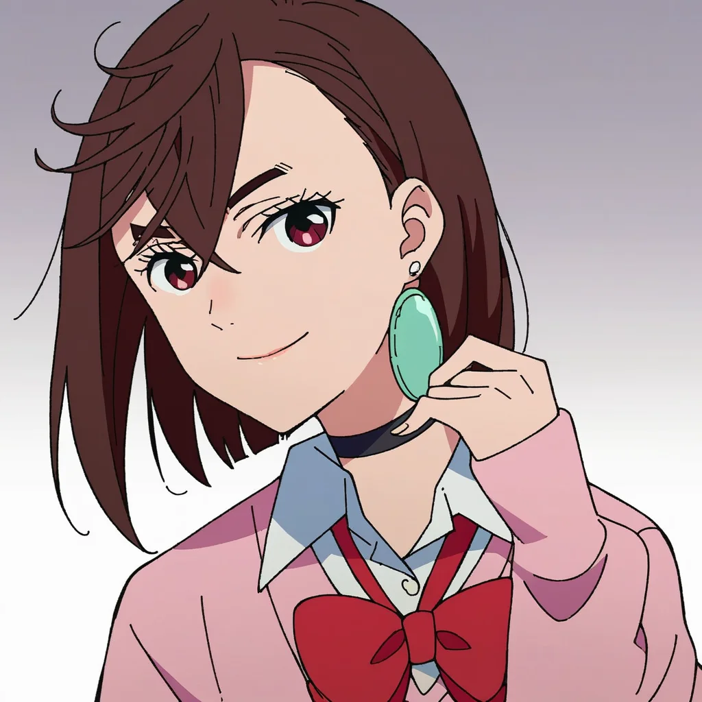 score_9, score_8_up, score_7_up, source_anime, BREAK 1girl, looking at viewer, gradient background, upper body, light smile, momo, brown hair, short hair, hair between eyes, asymmetrical bangs, brown eyes, earrings, black choker, school uniform, white collared shirt, pink sweater, long sleeves, red bowtie, <lora:momo-ponyXL-v0.5:0.8>