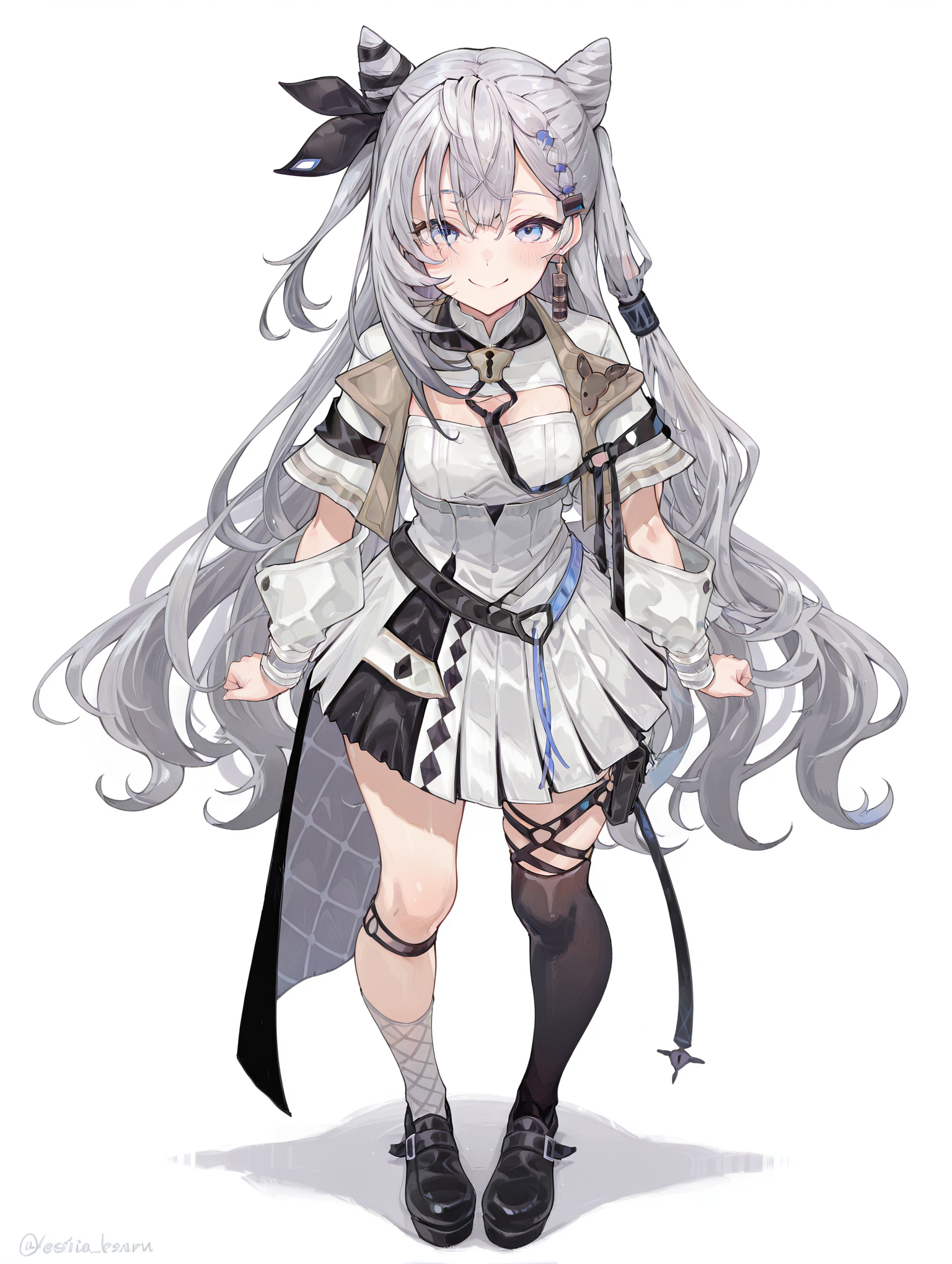 masterpiece,best quality,amazing quality, 1girl, vestia zeta, virtual youtuber, cone hair bun, long hair, hair bun, grey hair, dress, bangs, white dress, blue eyes, jewelry, jacket, double bun, white jacket, thighhighs, black footwear, white background, smile <lora:Vestia_Zeta:1>