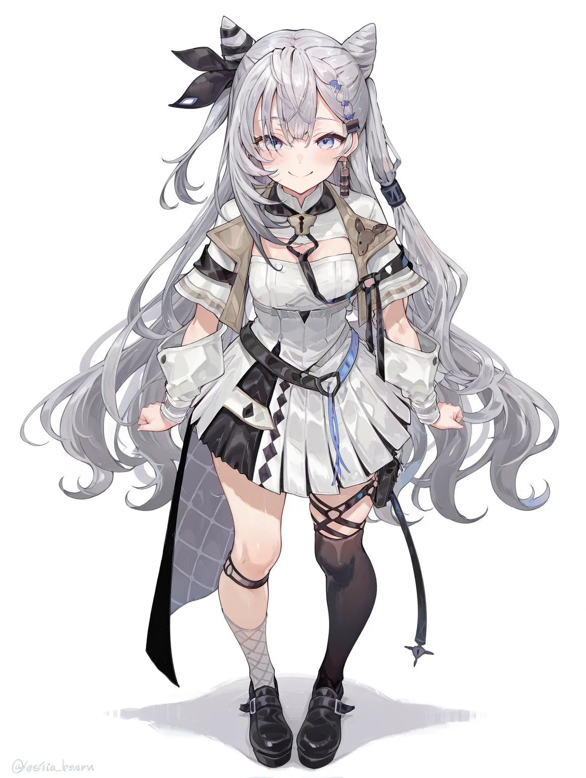 masterpiece,best quality,amazing quality, 1girl, vestia zeta, virtual youtuber, cone hair bun, long hair, hair bun, grey hair, dress, bangs, white dress, blue eyes, jewelry, jacket, double bun, white jacket, thighhighs, black footwear, white background, smile <lora:Vestia_Zeta:1>