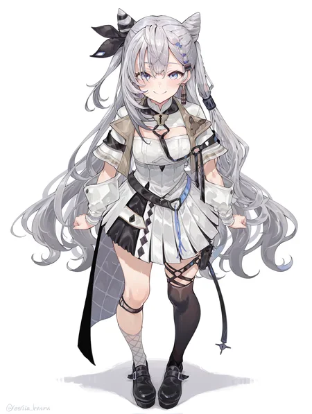 masterpiece,best quality,amazing quality, 1girl, vestia zeta, virtual youtuber, cone hair bun, long hair, hair bun, grey hair, dress, bangs, white dress, blue eyes, jewelry, jacket, double bun, white jacket, thighhighs, black footwear, white background, smile <lora:Vestia_Zeta:1>