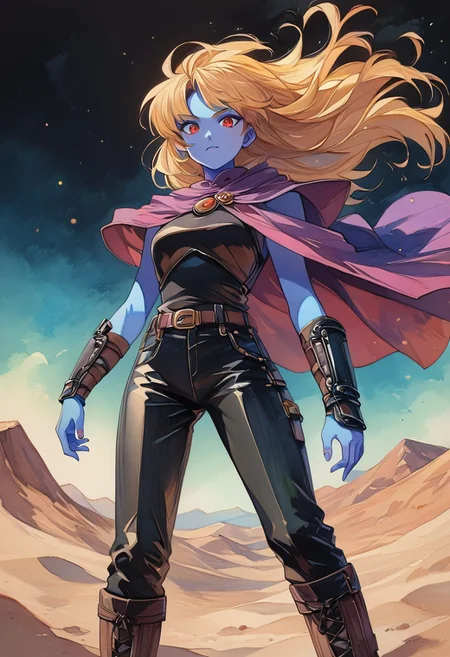 watercolor \(medium\), traditional media, ncpy13 style, pastels drawing, abstract painting, <lora:ncpy13 style:1>, score_9, score_8_up, score_7_up, Detailed, semi-realistic 90s dark fantasy anime, Vintage,1990s \(style\), perfect eyes, partially illuminated, GLSHS, InkToon,
BREAK
1woman, 25yo, mature, Anime_source, (4k), depth of field, (Masterpiece), extremely detailed, intricate, small breast, hyper detailed, bokeh, high resolution, sharp detail, best quality, woman, (blue skin:1.3), long hair, blonde hair, red eyes, breastplate, arm guards, purple cape, fur trim, black leather pants, purple waist cape, tall iron boots, <lora:GoodHands-vanilla:0.4>, <lora:detail_slider_v4:0.8>, dynamic pose, (standing), <lora:Rona:0.8>, sand dunes, desert, desert city night, dust particles,
BREAK
from below view, looking at viewer,