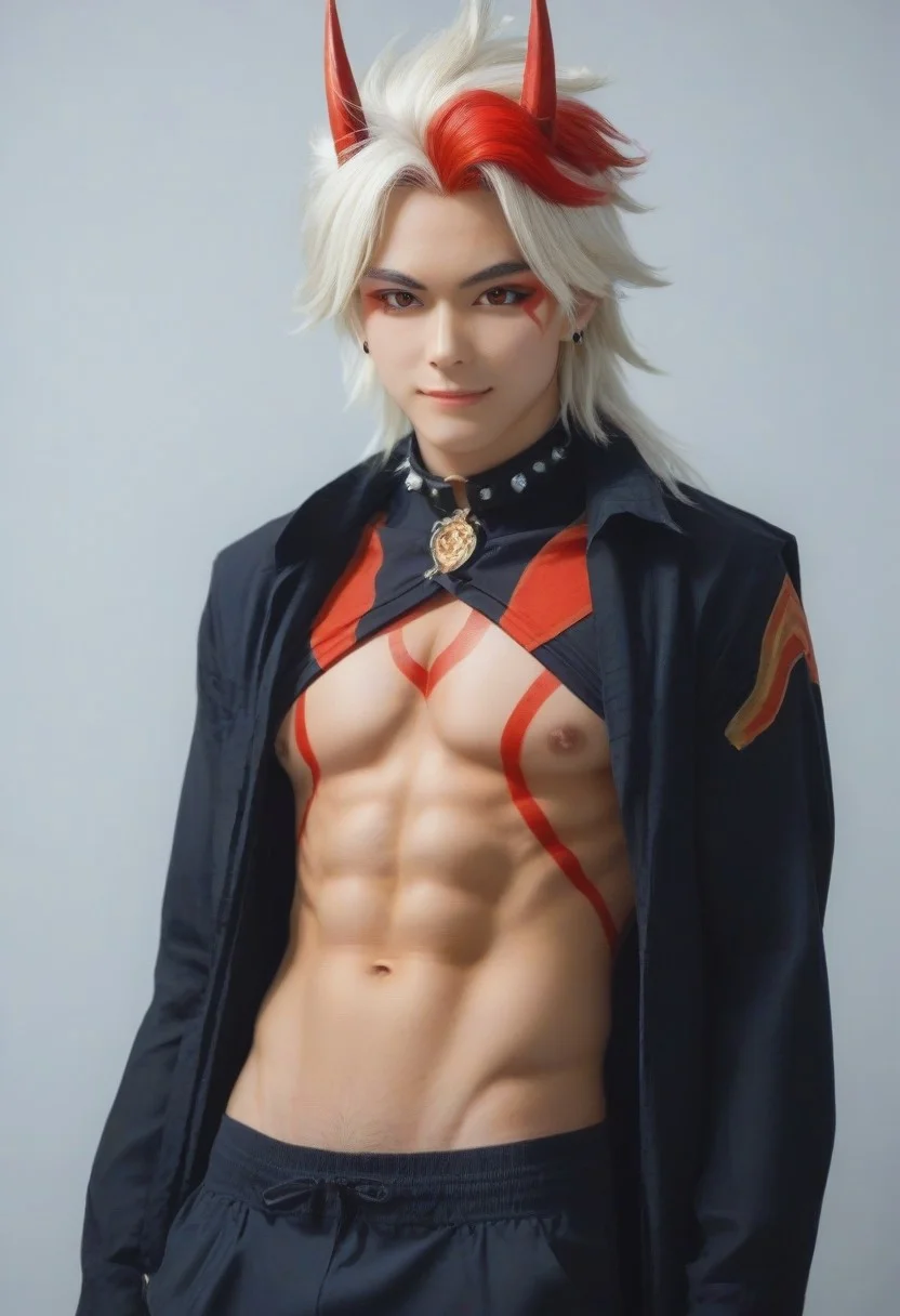 ((masterpiece)), ((best quality)), ((ultra-detailed)), ((absurdres)), score_9_up, score_8_up, score_7_up,
HD, top quality, best quality, amazing quality, High-quality illustrations, anime screencap, source_anime, best aesthetic, perfect proportions, perfect eyes, 1boy, 1male, solo boy, solo male, male focus, solo male focus, boy, real human, human male, asian, japanese, handsome, attractive, cute, charming, sexy, hot, ((tall, tall body, tall height)), ((fit body, lean body, slim waist, slender body)), easynegative, Expressiveh, neghands, updn, Male Cosplayer, cosplay costume, ((arataki itto, genshin impact, red eyes, 1boy, male focus, solo, white hair, long hair, oni horns, red hair)), arataki itto cosplay, stylized wig, fake wig, public event, convention event, smiling, happy, posing, many people background