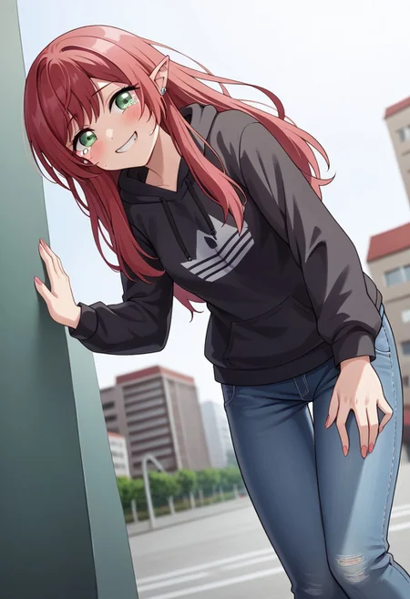 score_9, score_8_up, score_7_up, perfect eyes, partially illuminated, animification, animestyle, Anime_source, (4k), depth of field, (Masterpiece), Sono Bisque Doll wa Koi wo Suru - Marin Kitagawa, extremely detailed, tall, long legs, medium breast, bokeh, high resolution, sharp detail, dark red hairs, redhair, dark red hair, 1girl, fangs, green eyes, hair ornament, hair scrunchie, light blush, long hair, sad, emotional, crying, smiling sadly, pointy ears, scrunchie, happy, good hands, shorts, jeans shorts, black hoodie, baseball hat, top, every day clothing, blue Adidas Adilette sandals, beautiful feet, perfect feet, perfect toes, beautiful toes, city background, ((masterpiece)), dynamic pose, (standing), night city, Tokyo city night, on the top of a skyscraper, on a roof, BREAK, cowboy shot, dutch angle, looking at viewer, Close up, upper body, feet,<lora:minami-nanami-s1-ponyxl-lora-nochekaiser:0.6>, <lora:PerfectEyesXL:1.0>