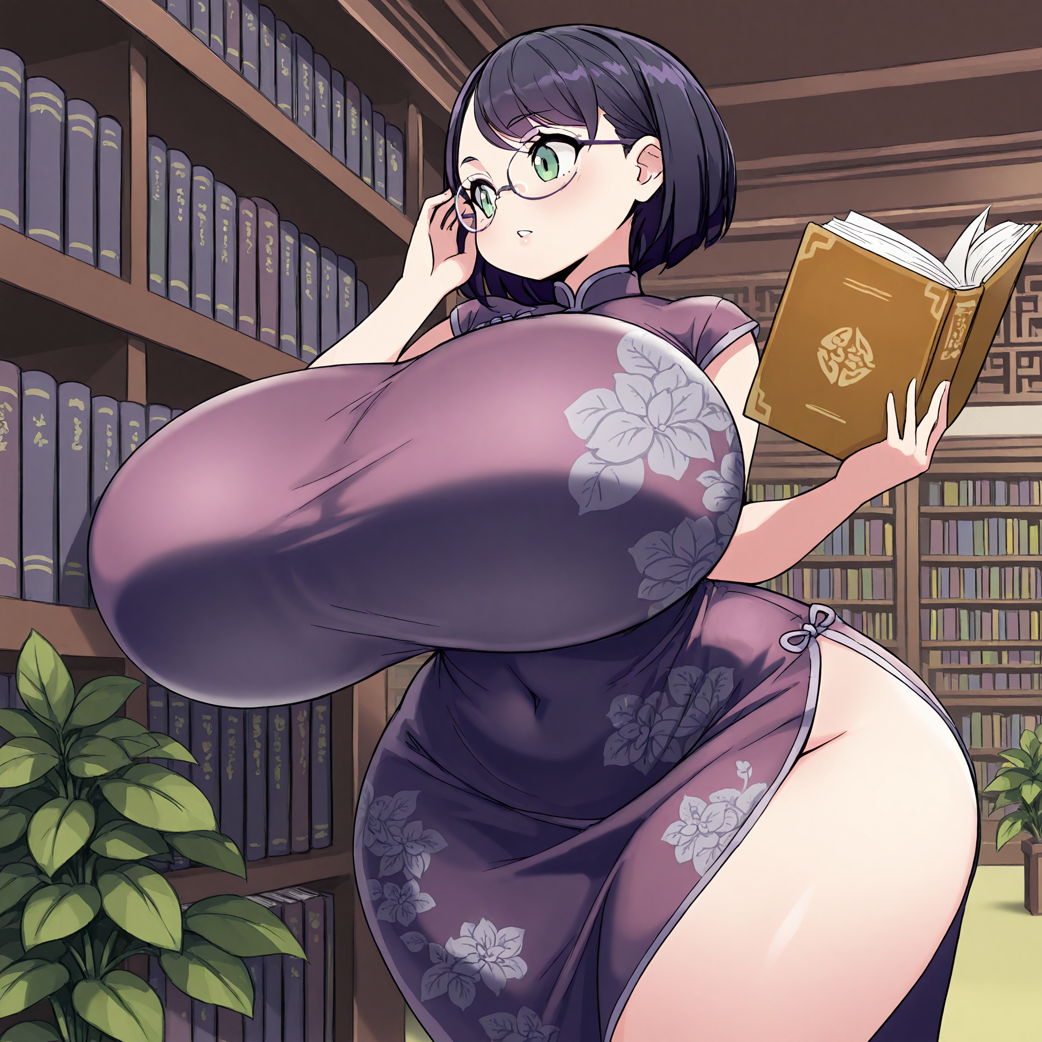 (masterpiece), best quality, (highly detailed), 1female, solo, <lora:night_blade_style_Illustrious:0.8>, library, dark purple chinese dress, black hair, swept bangs, short hair, green eyes, glasses, shortstack, plant print, gigantic breasts, wide hips, holding book, east asian architecture,