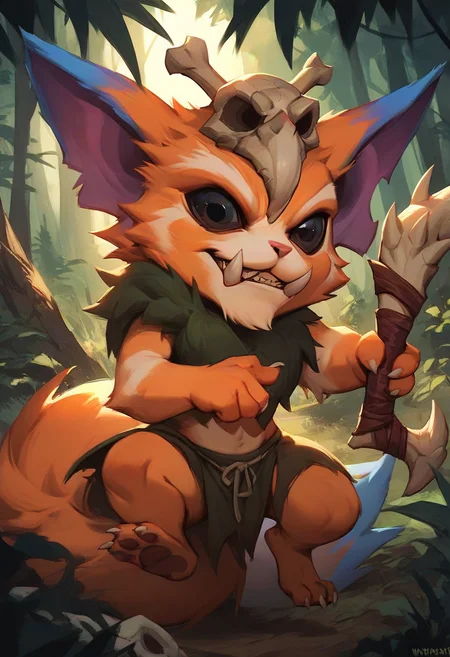 score_9, score_8_up, score_7_up, score_6_up, gn4r, 1boy, yordle, fangs, teeth, skull on head, orange fur, black eyes, tail, holding weapon, full body, forest,
<lora:Manwha_Anime_Style:1>, manhwastyle, <lora:Gnar_Default_v1:0.75>, solo