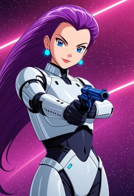 Star Wars Movie Anime style {Jessie wearing a (white) and black stormtrooper armour, no lights on armour, no helmet, blue eyes, hair slicked back, long hair, purple hair, earrings, mischievous smile, pointing a gun, looking at viewer, lips,} . fantasy, futuristic, Anime, digital, vibrant, detailed, high contrast, reminiscent of the star wars genre, UHD, HDR, masterpiece, Cinematic lighting, cowboy shot, on an alien planet,