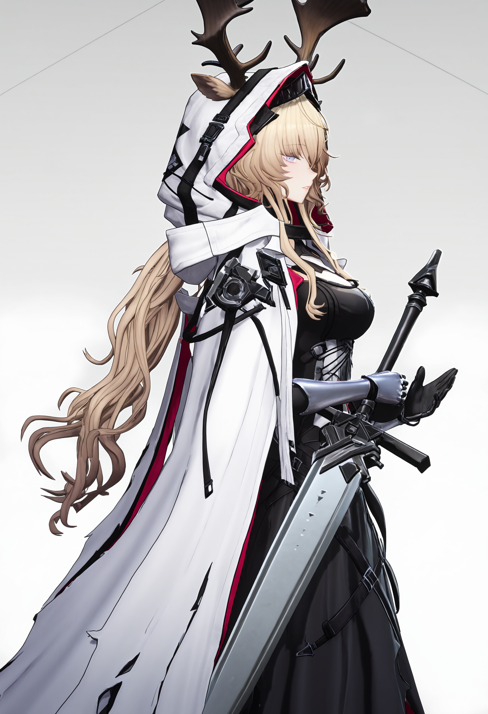 viviana (arknights),1girl, animal ears, antlers, black dress, cloak, cowboy shot, deer antlers, deer ears, dress, from side, hair through hood, holding, holding sword, holding weapon, hood, hood up, hooded cloak, horns, long hair, messy hair, parted lips, profile, purple eyes, sidelocks, simple background, solo, sword, weapon, white background, white cloak,endfieldstyle,3D,<lora:endfieldstyleV2-000008:0.85>,